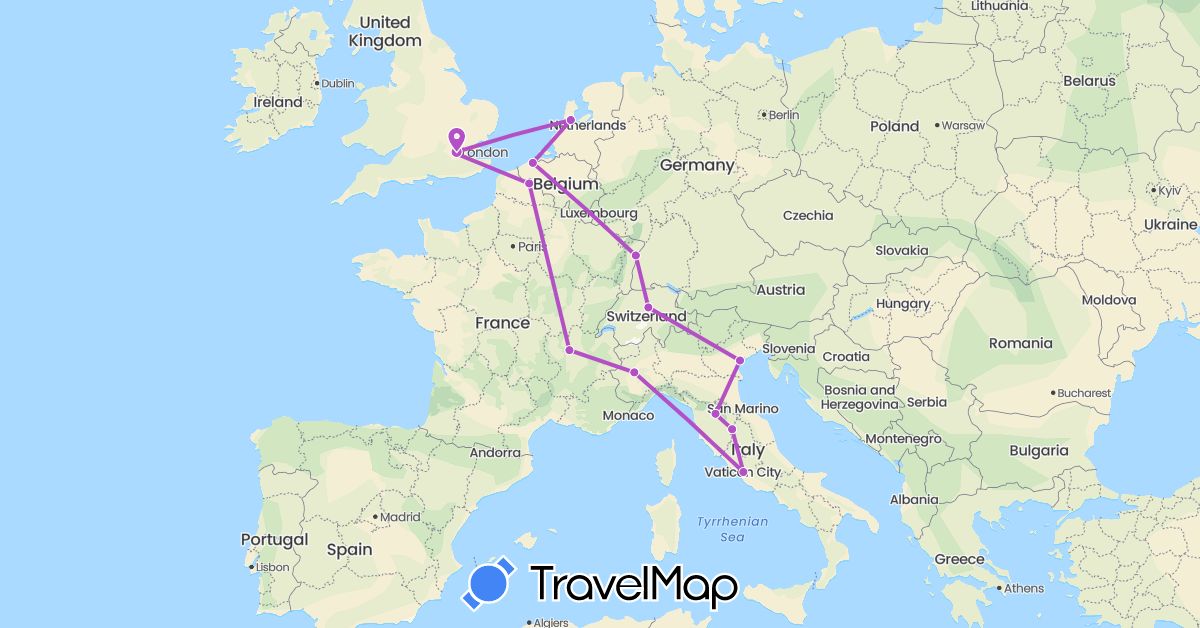 TravelMap itinerary: driving, train in Belgium, Switzerland, France, United Kingdom, Italy, Netherlands (Europe)